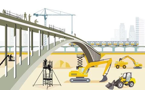 Bridges construction site with construction workers, illustration Stock Illustration