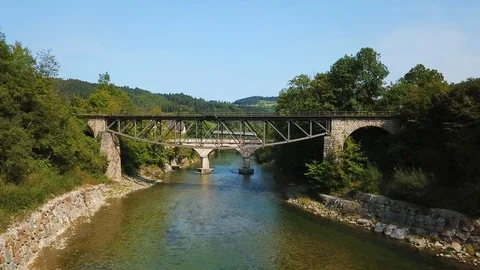 Bridges over a river in a nice drone shot Stock Footage 108731352