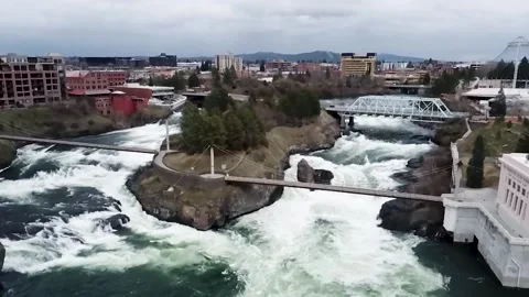 Bridges Over The Spokane Falls By Canada Island Overlooking The Cable Stock Footage 142157816