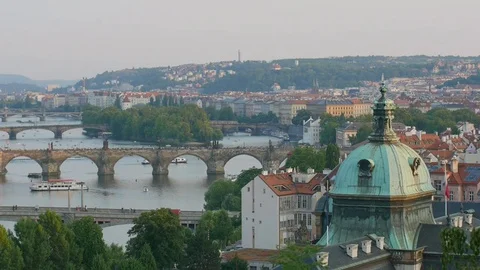 Bridges of Prague including the famous Charles Bridge over the river Vitava Stock Footage 80298950