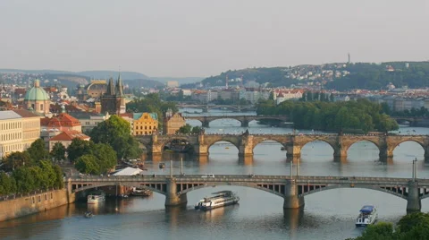 Bridges of Prague over the river Vitava Stock Footage 64735973