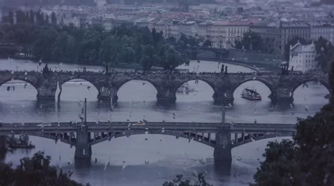 Bridges Pragues on rainy day Stock Footage 67186947