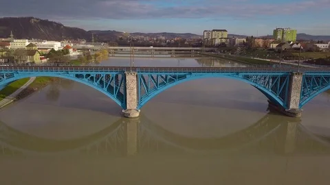 Bridges on the river Drava in the city of Maribor in Slovenia. View from the dro Stock Footage 101326430