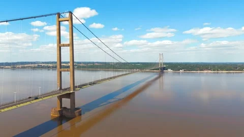 Bridges span muddy river under blue skies Stock-Footage 343525204
