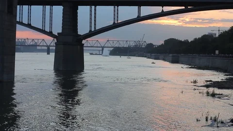 Bridges through the river at sunset. Stockbeeldmateriaal 111437664