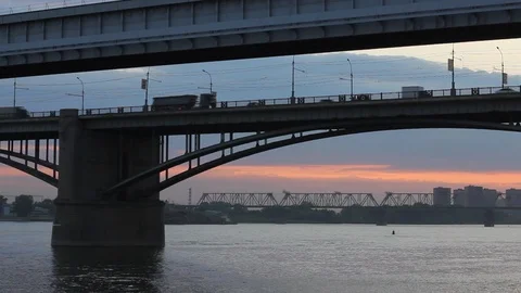 Bridges through the river at sunset. Stock Footage 111437689
