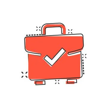 Briefcase accept icon in comic style. Portfolio approval cartoon vector illus Stock Illustration