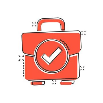 Briefcase accept icon in comic style. Portfolio approval cartoon vector ill.. Stock Illustration