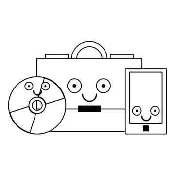 Briefcase and samrtphone with cd rom in black and white Stock Illustration
