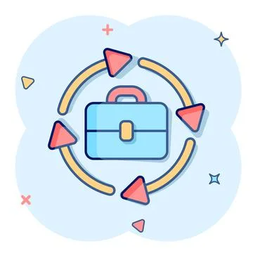 Briefcase with arrow icon in comic style. Businessman bag cartoon vector illu Stock Illustration