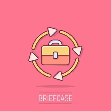Briefcase with arrow icon in comic style. Businessman bag cartoon vector il.. Stock Illustration