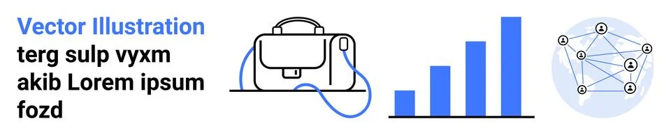 Briefcase, bar chart, and network connection icons with placeholder text. Ide Stock Illustration