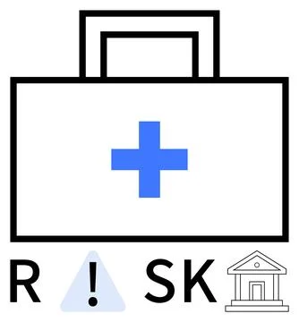 Briefcase with blue cross, exclamation point in a triangle, and bank building Ilustración de archivo