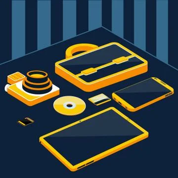 Briefcase camera smartphone tablet sd memory card Stock Illustration