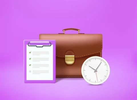 Briefcase with contract and clock. Time management concept. 3d vector illustr Stock Illustration