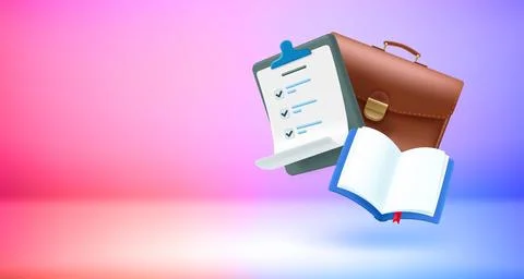 Briefcase with contract list. 3d vector banner with copy space Stock Illustration