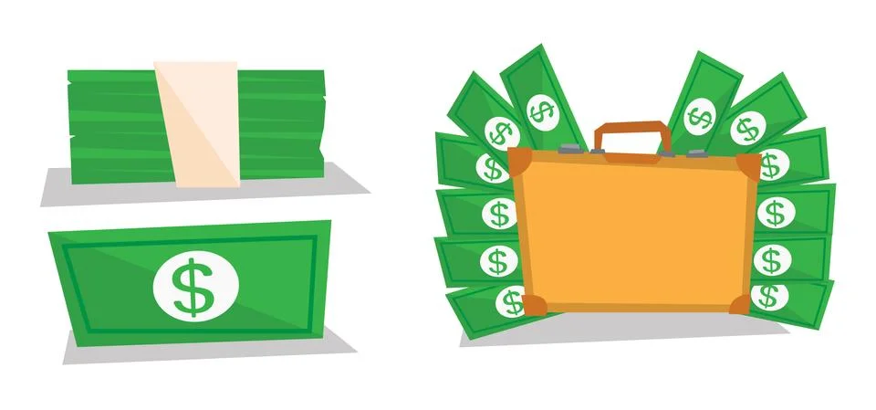 Briefcase full of money, bundle of dollars Stock Illustration