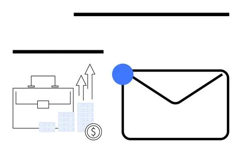 Briefcase next to rising graph arrows, coin, and stack of blocks. Large envel Stock Illustration