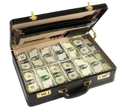 Briefcase packed full of dollar bills Stock Photos
