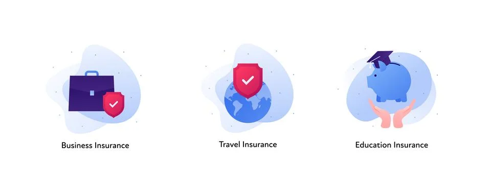 Briefcase, planet with red shield, hands holding piggybank Stock Illustration