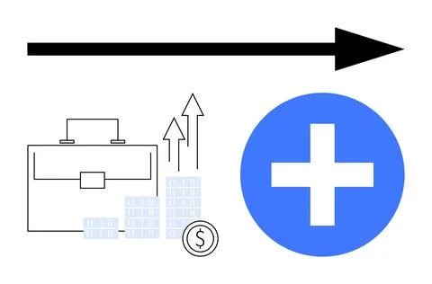 Briefcase, stacks of coins, rising graph, and plus sign indicate business gro Stock Illustration