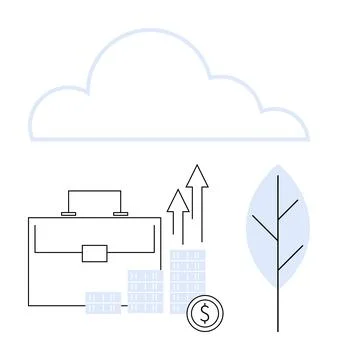 Briefcase, stacks of coins, upward arrows, cloud, and blue leaf depicting gro Stock Illustration