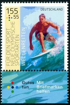 Briefmarke Deutsche Post: Olympische Sommerspiele Wellenreiten *** Stamp G... Stock Photos