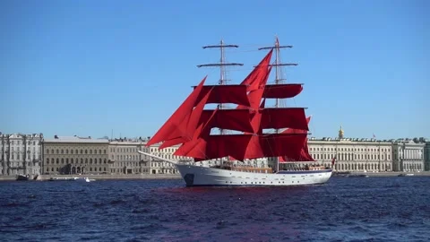 Brig with scarlet sails on the Neva in St. Petersburg. Russia, Saint Petersburg Stock Footage 155904756
