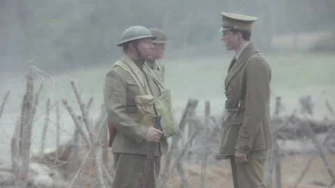 Brigadier General Douglas Macarthur standing in field, World War I - Reenactment Stock Footage 202895943