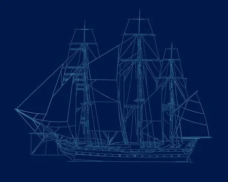 Brigantine sail ship from blue outlines. Vector illustration. Side view Stock Illustration