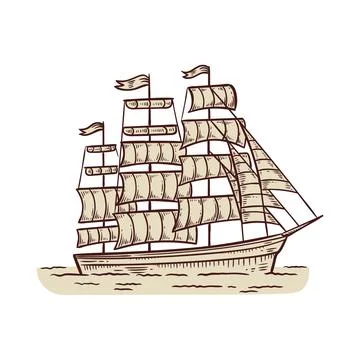 Brigantine sailing vessel or sails ship, engraving vector illustration isolated. Stock Illustration