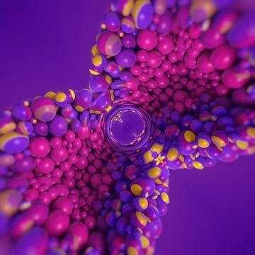 Bright 3D background with purple and yellow spheres forming infinite tunnel イラスト素材