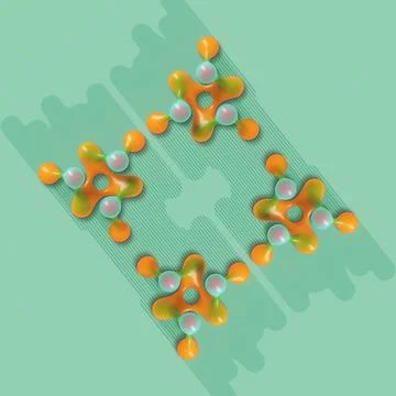 Bright 3D pattern with orange molecular nodes on a textured green background Stock Illustration