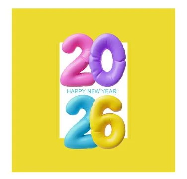 A bright 3D poster with multicolored inflated letters 2026 on a yellow Stock Illustration
