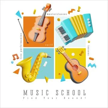 Bright 3D poster with musical instruments, violin, guitar, accordion, saxophone Stock Illustration