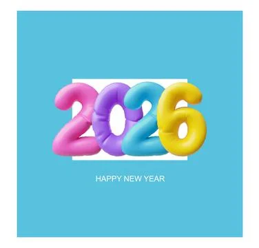 A bright 3D poster with New Year symbols, 2026, inflated shapes, multicolored Stock Illustration