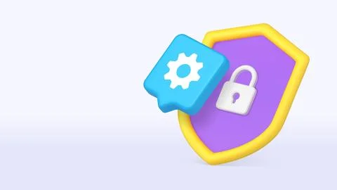 Bright 3D shield icon with lock and gear symbolizes digital security, user pr Illustrazione stock