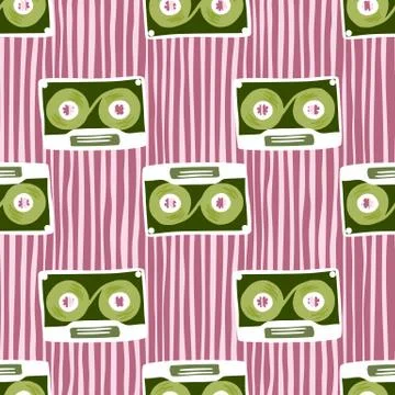 Bright 80s seamless pattern with cassette doodle elements. Green music orname 스톡 일러스트