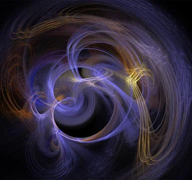 Bright abstract background of glowing weaves of purple lines on a dark Stock Illustration