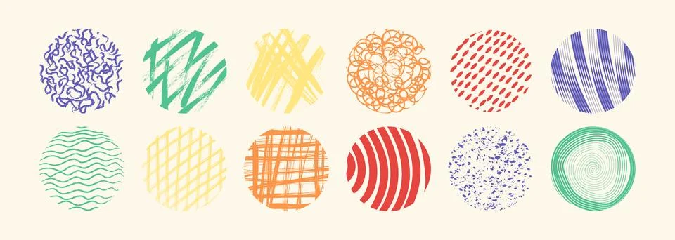 Bright abstract circle shapes with loop, drops, spots, curves, lines and wa.. Stock Illustration