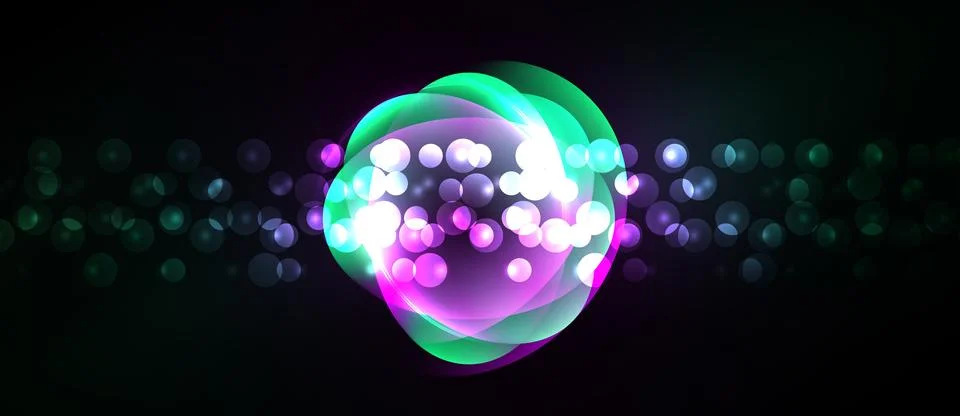 Bright abstract circles overlap, creating luminous effect. Bubbles scatter Stock Illustration