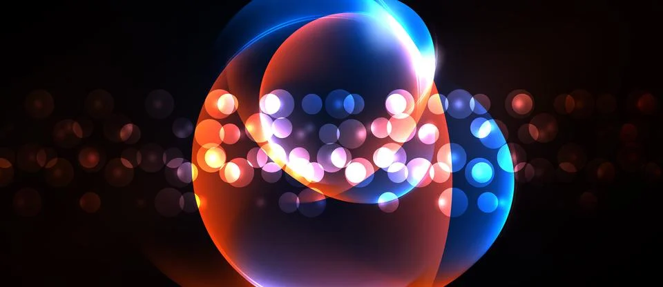 Bright abstract circles overlap, creating luminous effect. Bokeh lights sur.. イラスト素材
