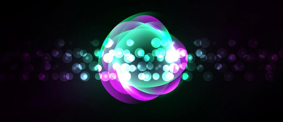 Bright abstract circles overlap, creating luminous effect. Background is dark Stock Illustration