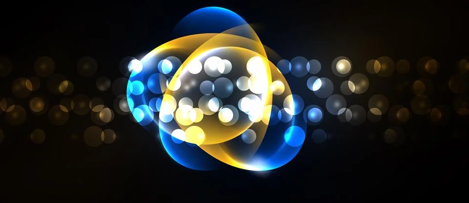 Bright abstract circles overlap, creating luminous effect. Golden, blue light Stock Illustration