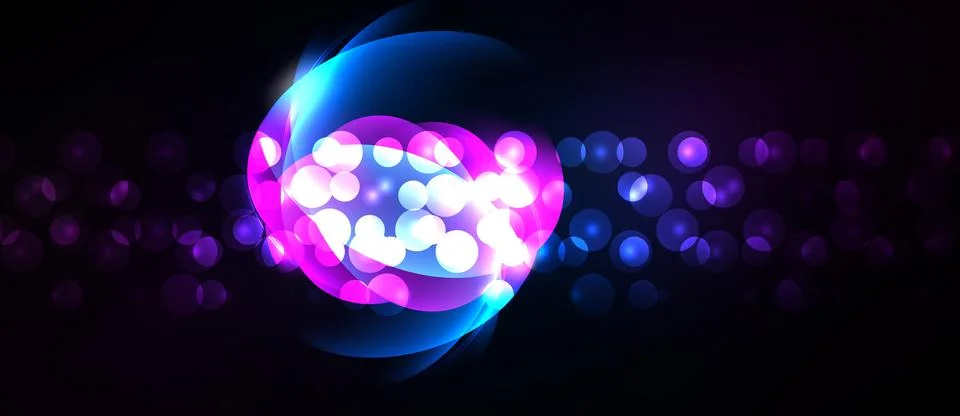 Bright abstract composition. Glowing circles, purple hues dominate dark Stock Illustration