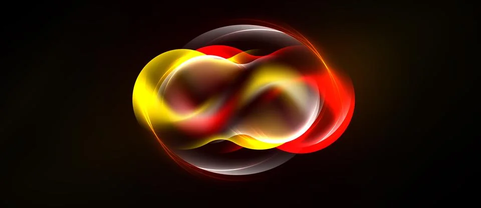 Bright abstract design features flowing ribbons. Red, yellow, gold hues creat Stock Illustration