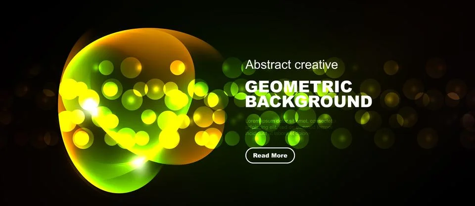 Bright abstract design features glowing orbs, geometric shapes, dark backgr.. Stock Illustration