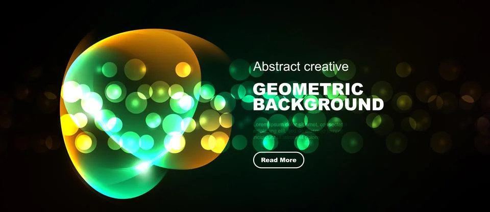 Bright abstract design features glowing circles, gradients. Dark background Illustrazione stock