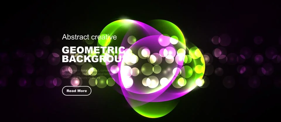 Bright abstract design features glowing circles, purple, green hues. Geometri Stock Illustration