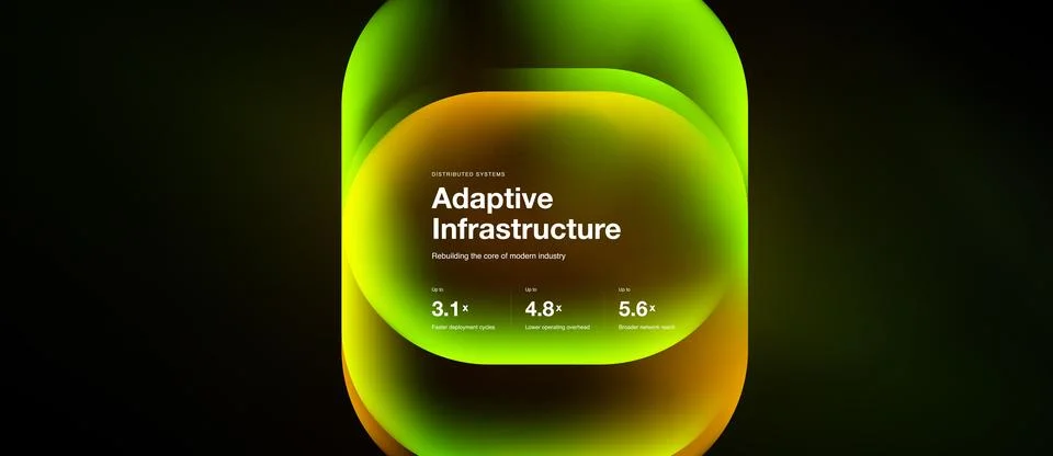 Bright abstract design features glowing layers, text details metrics. Modern Illustrazione stock